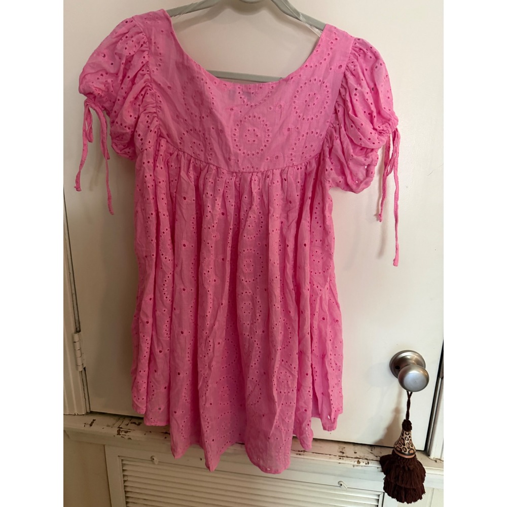 Hyfve Pink Eyelet Babydoll Top Square Neck Puff Sleeve Tie Detail Women Medium - Picture 6 of 10